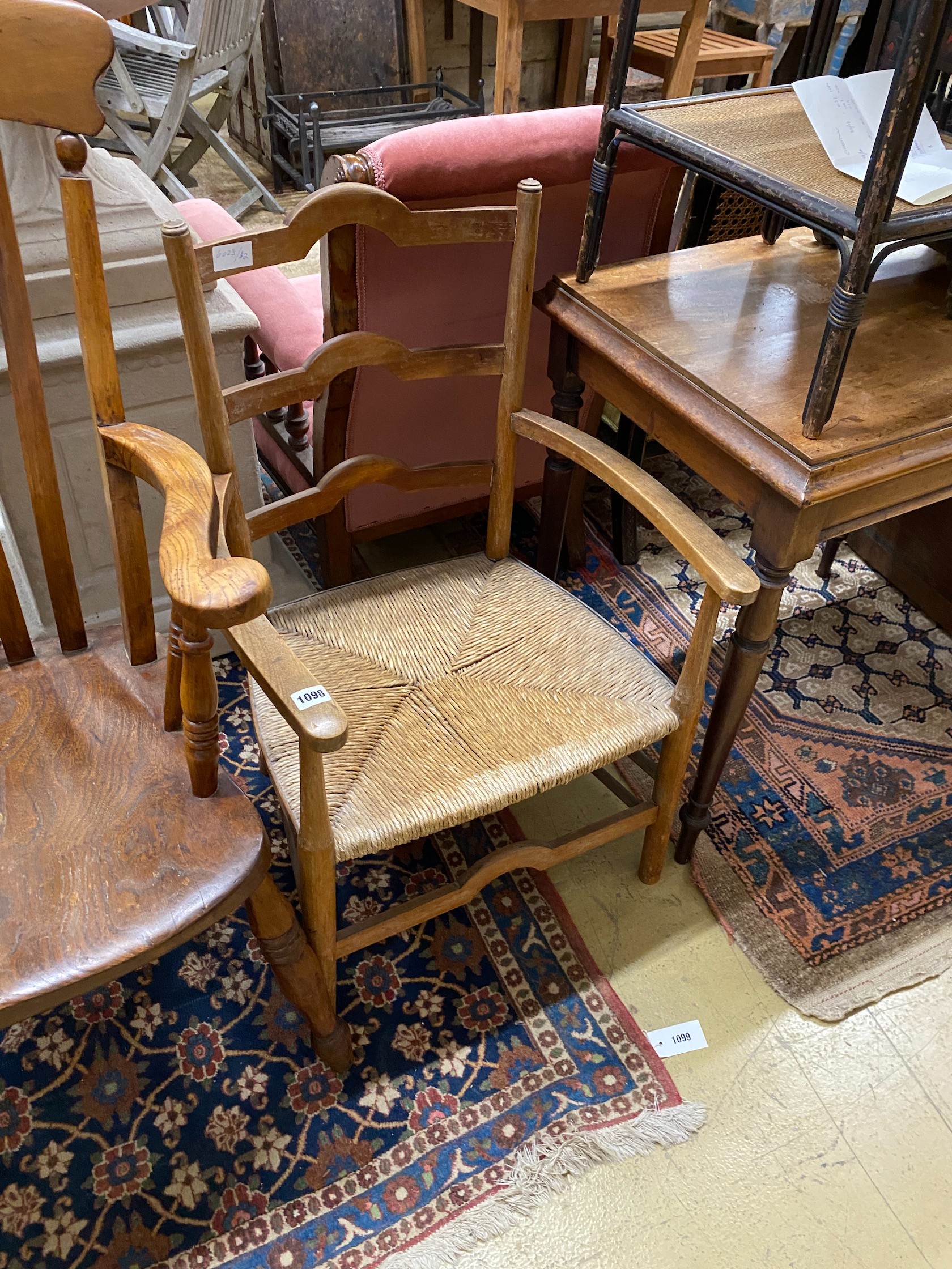 A Victorian mahogany side table, stained hardwood stick stand, bamboo and wicker work table and a rush seated elbow chair, width 55cm, depth 48cm, height 85cm